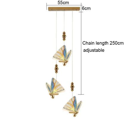Adjustable 250cm decorbites acrylic butterfly chandelier ceiling lamp with three iridescent butterfly pendants in gold blue and white