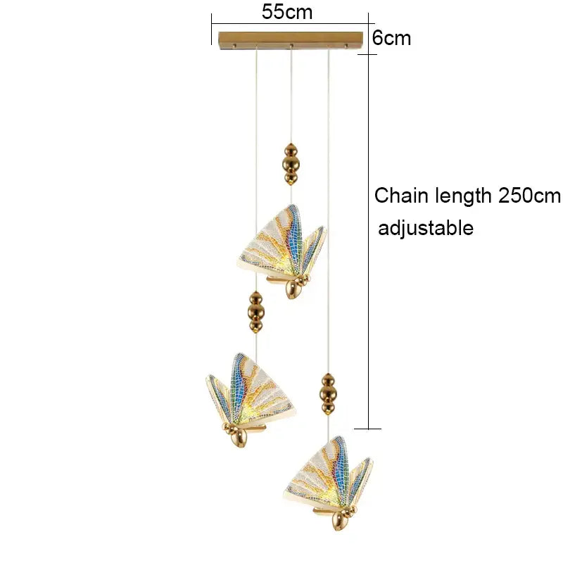 Adjustable 250cm decorbites acrylic butterfly chandelier ceiling lamp with three iridescent butterfly pendants in gold blue and white