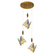 Gold-toned acrylic butterfly chandelier ceiling lamp with three ornate iridescent mosaic butterfly pendants for indoor lighting