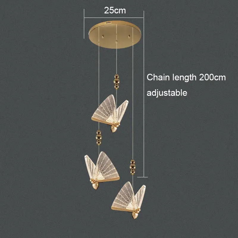 Gold-toned acrylic butterfly chandelier ceiling lamp with adjustable 200cm chain and lace-like wing detailing