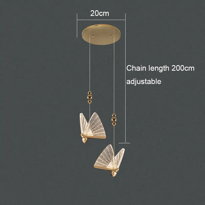Gold-toned acrylic butterfly chandelier ceiling lamp with adjustable 200cm chain and lace-like wing detailing