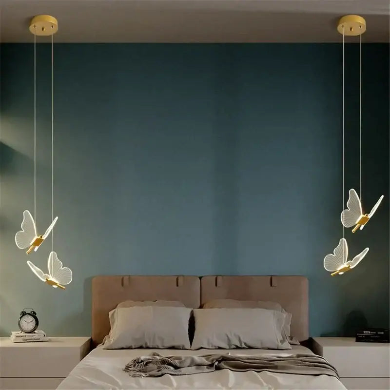 Decorbites™ acrylic butterfly led pendant light with delicate white wings gold accents and glowing interior hanging fixture