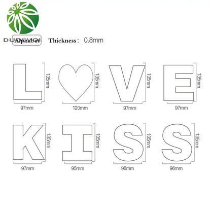 Decorbites™ acrylic cake decorating stencil set with white decorative cutout letters and heart for sugar fondant design