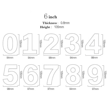 Set of six-inch white-outlined numeric acrylic cake decorating decals with precise dimensions for stencil set use