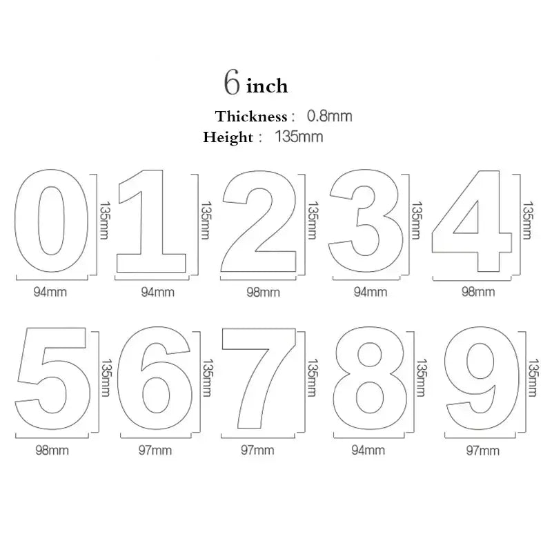 Set of six-inch white-outlined numeric acrylic cake decorating decals with precise dimensions for stencil set use
