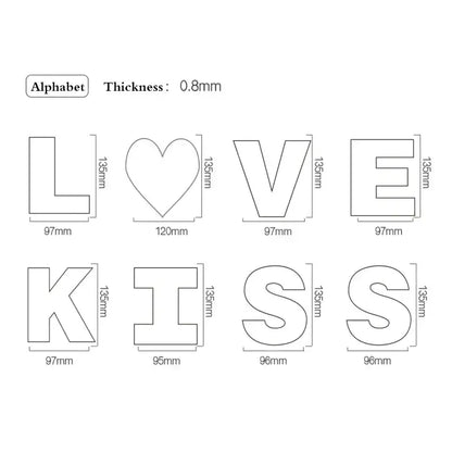 Decorbites™ white acrylic cake decorating stencil set with love and kiss letters and heart cutout with dimensions labeled