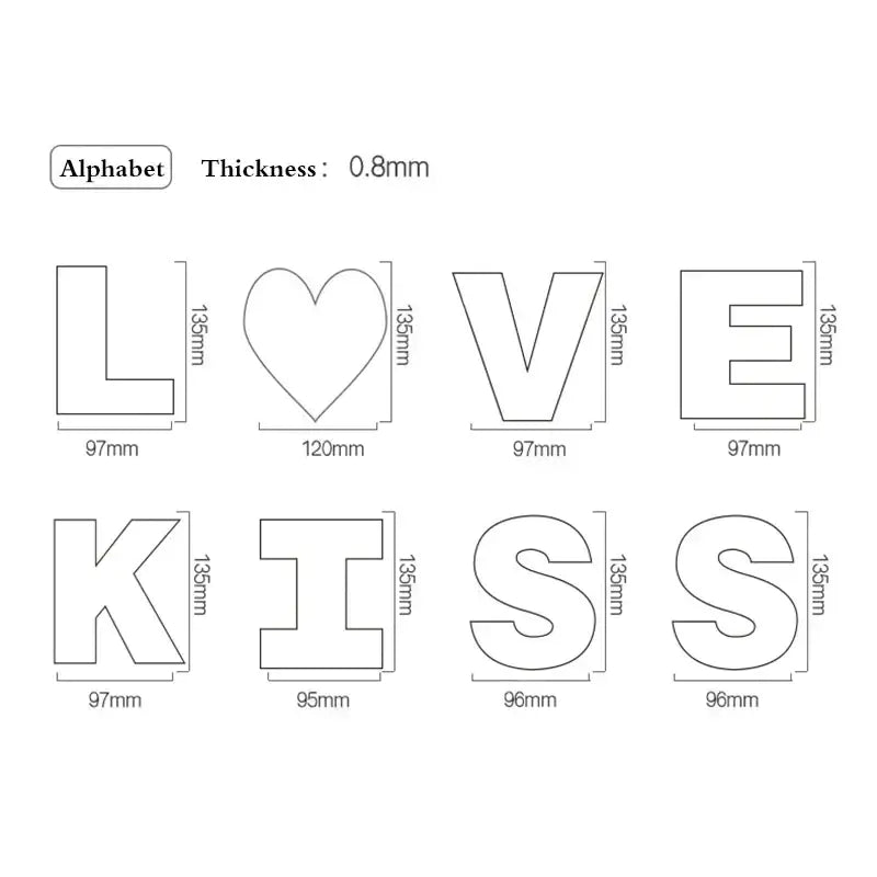 Decorbites™ white acrylic cake decorating stencil set with love and kiss letters and heart cutout with dimensions labeled
