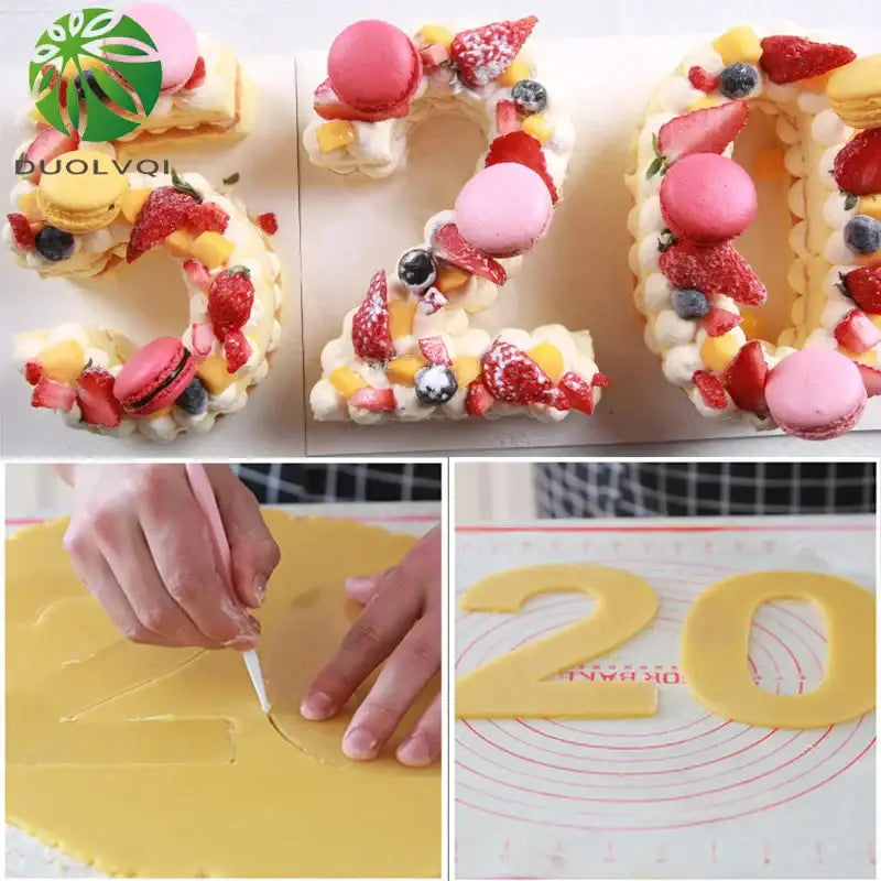 A vibrant number-shaped cake decorated with pink macarons and fruit created using decorbites acrylic cake decorating stencil set