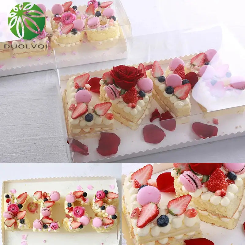 Delicate pink and red layered cake slices with strawberry blueberry and macaron toppings in a decorbites acrylic cake decorating stencil set heart-shaped box