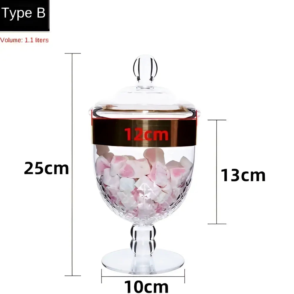 Clear glass acrylic candy and spice jar from decorbites with faceted design and gold band for kitchen storage