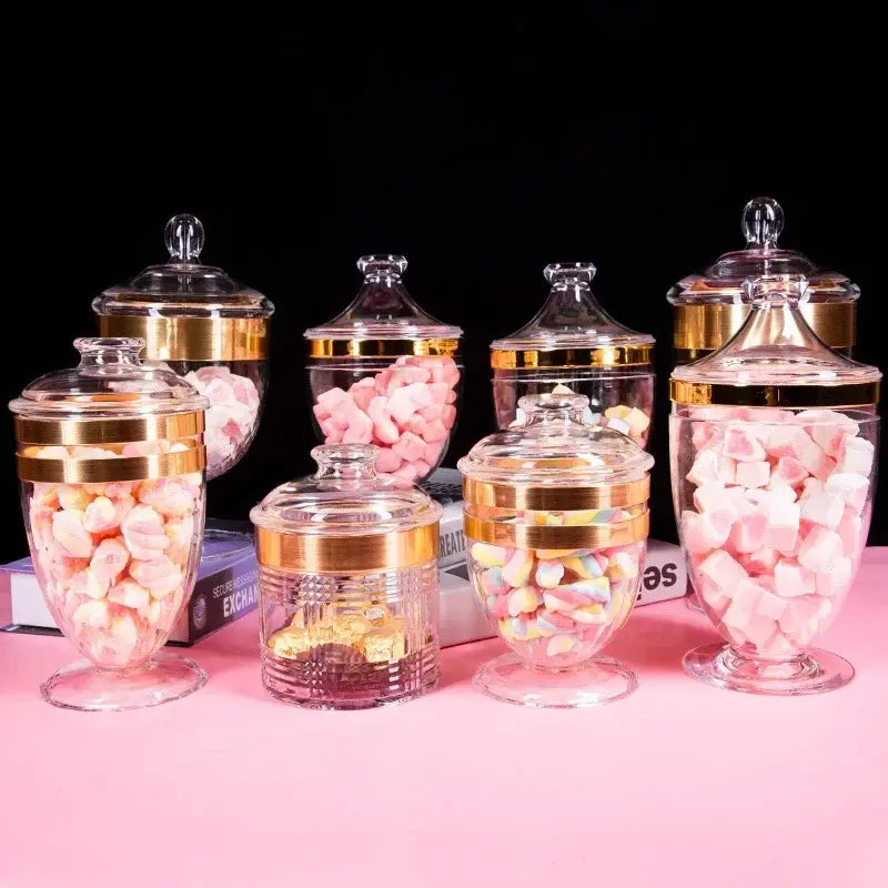 DecorBites acrylic candy and spice jar set with clear glass jars gold rims filled with colorful marshmallows