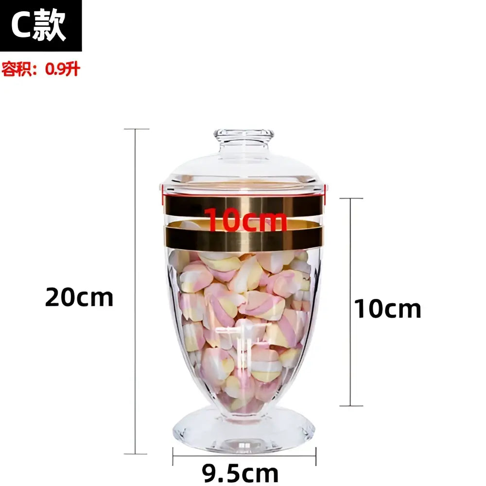 Decorbites acrylic candy and spice jar set with clear glass jar, gold metal lid, filled with pink and white marshmallows