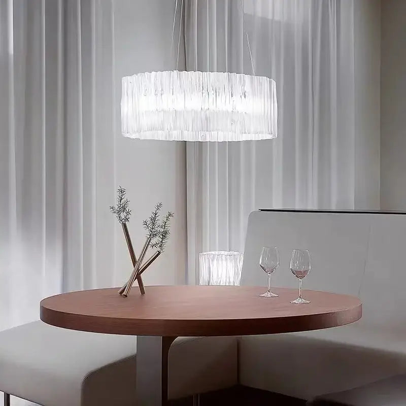 Modern circular acrylic ceiling chandelier with translucent white ridged glass shade for restaurant and hotel use