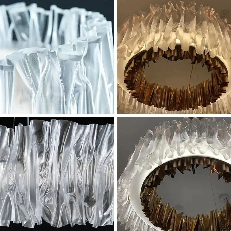Decorbites™ acrylic ceiling chandelier with clear ruffled plastic and golden metal accents for restaurant lighting