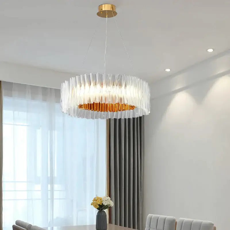 DecorBites acrylic ceiling chandelier with translucent glass fronds and gold-toned ring for restaurant hotel use
