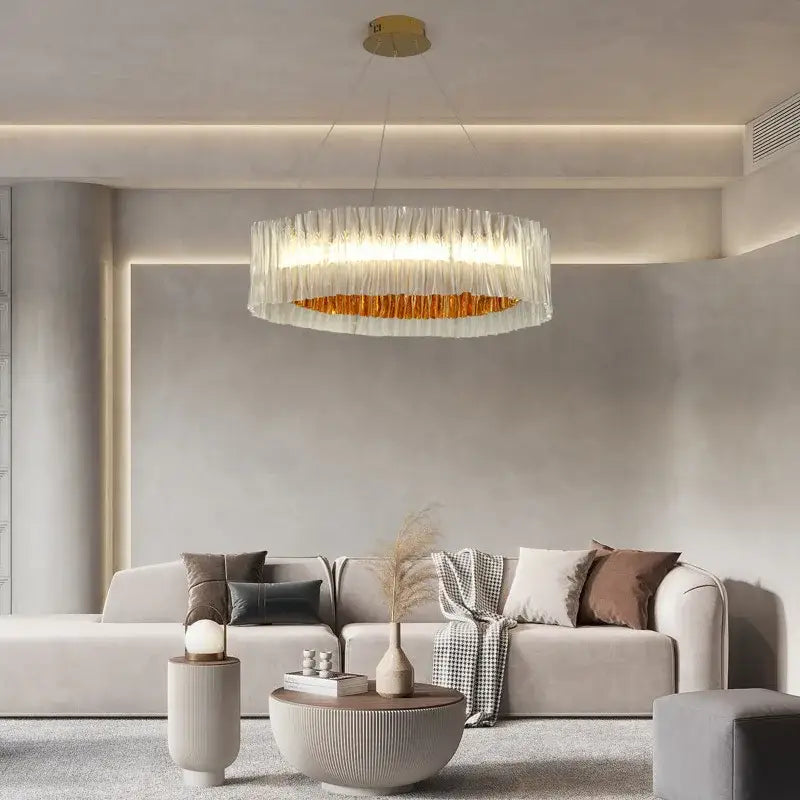 DecorBites™ acrylic ceiling chandelier with translucent ribbed glass body and inner golden ring for art restaurant hotel use