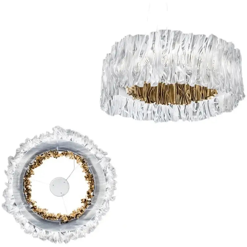 DecorBites acrylic ceiling chandelier with gold inner ring and clear ruffled glass panels for art restaurant hotel use