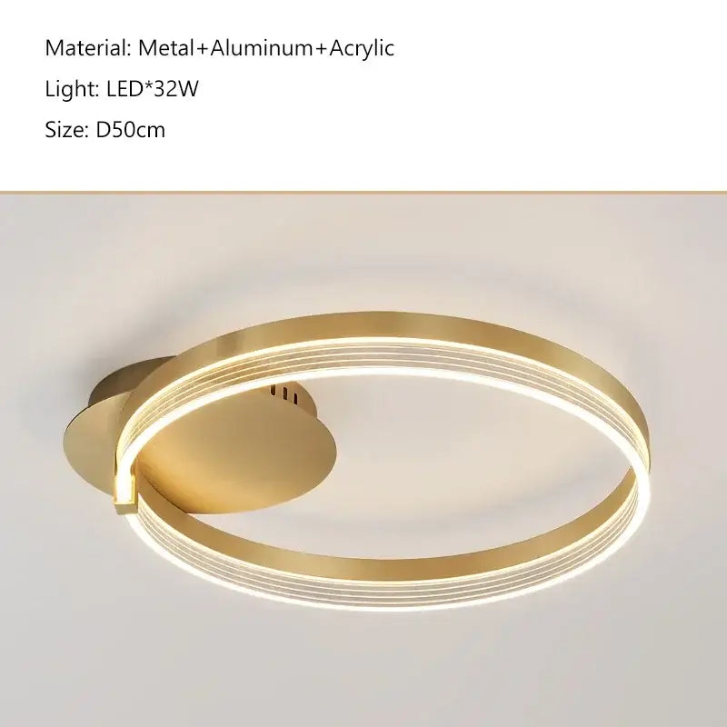 Gold-toned acrylic ceiling chandelier with modern concentric rings and soft white led illumination for living room decor