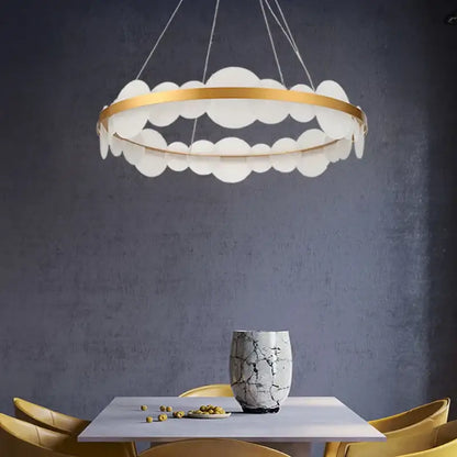 DecorBites™ modern acrylic ceiling chandelier with gold-toned frame and white translucent discs for indoor lighting