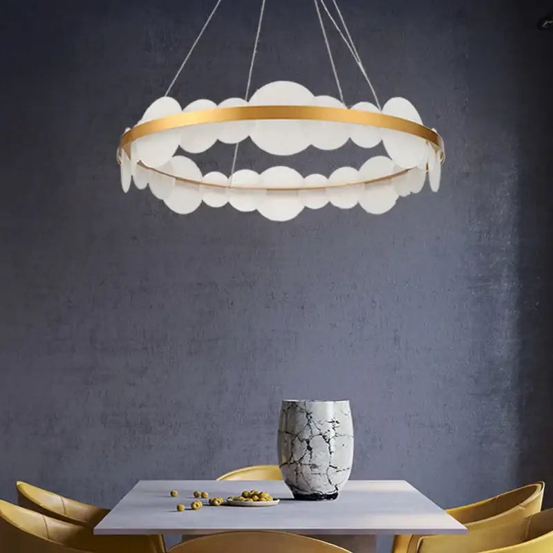 DecorBites™ modern acrylic ceiling chandelier with gold-toned frame and white translucent discs for indoor lighting