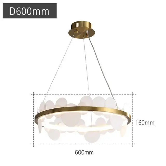 Gold-toned DecorBites acrylic ceiling chandelier with translucent white leaf-shaped glass panels for indoor lighting