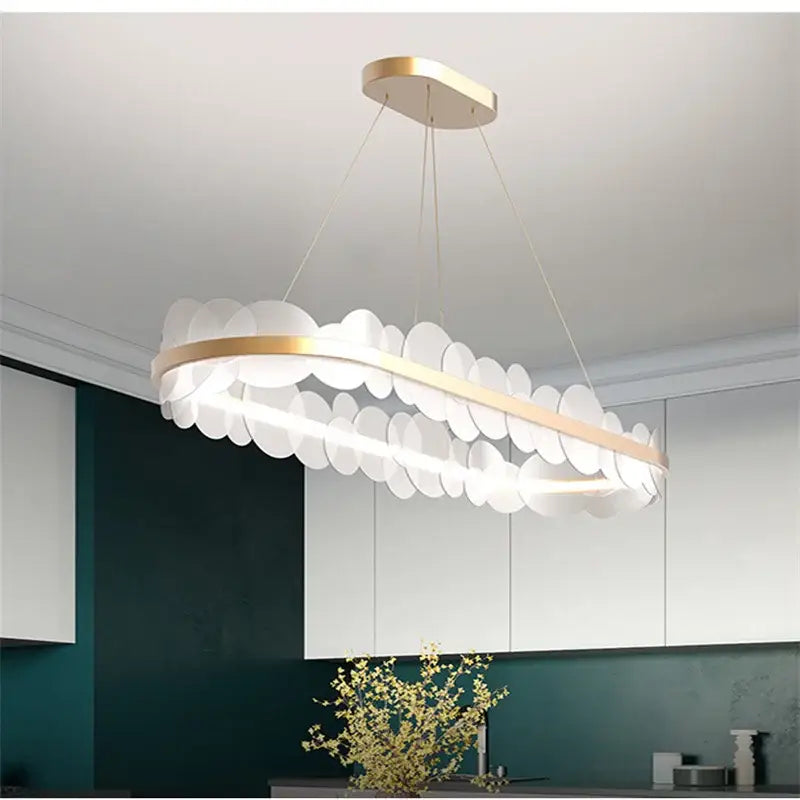 Modern oval pendant ceiling chandelier by DecorBites with gold metal frame and layered white acrylic ceiling shades