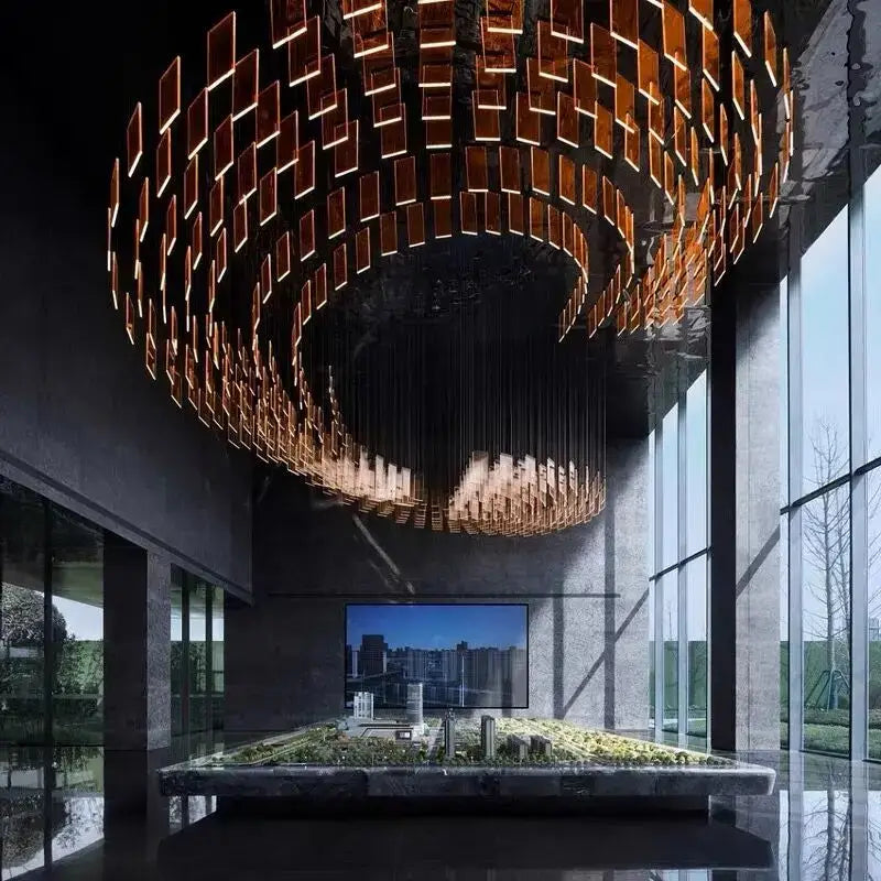 DecorBites™ acrylic chandelier lights with modern spiral design copper-toned panels and warm LED illumination