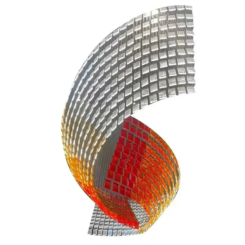 DecorBites™ acrylic chandelier lights feature a sleek curved sculpture with interlocking metallic tiles in silver to red gradient