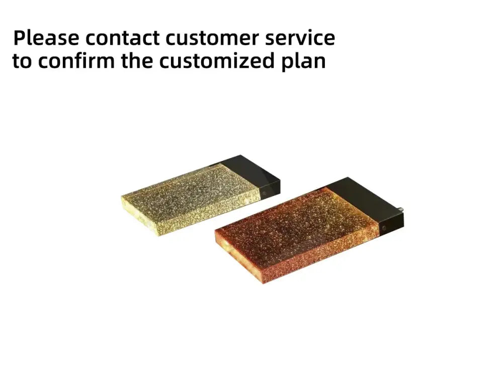 Two rectangular usb flash drives with glittery gold and copper surfaces for decorbites acrylic chandelier lights