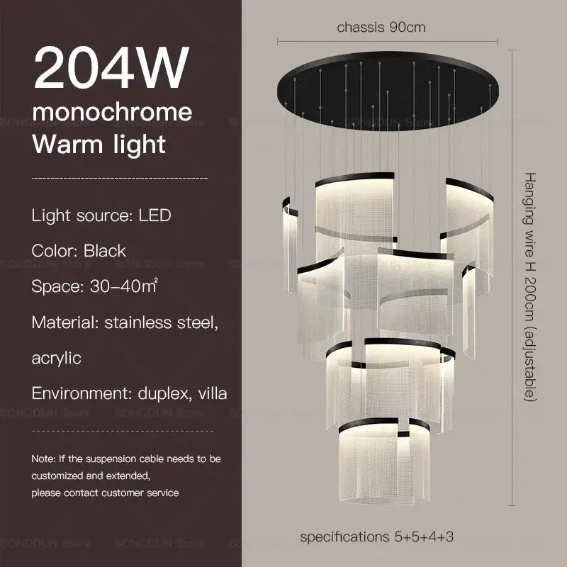 Black acrylic chandelier with tiered stainless steel rings emitting warm white light in modern nordic style lighting