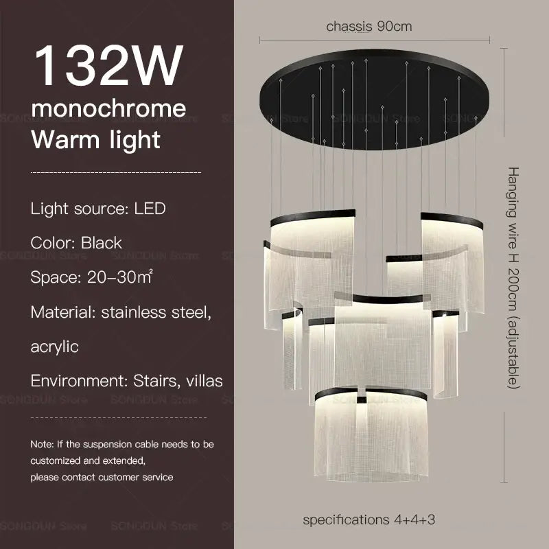 Black DecorBites™ acrylic chandelier with tiered stainless steel rings emitting warm led light for modern nordic style lighting