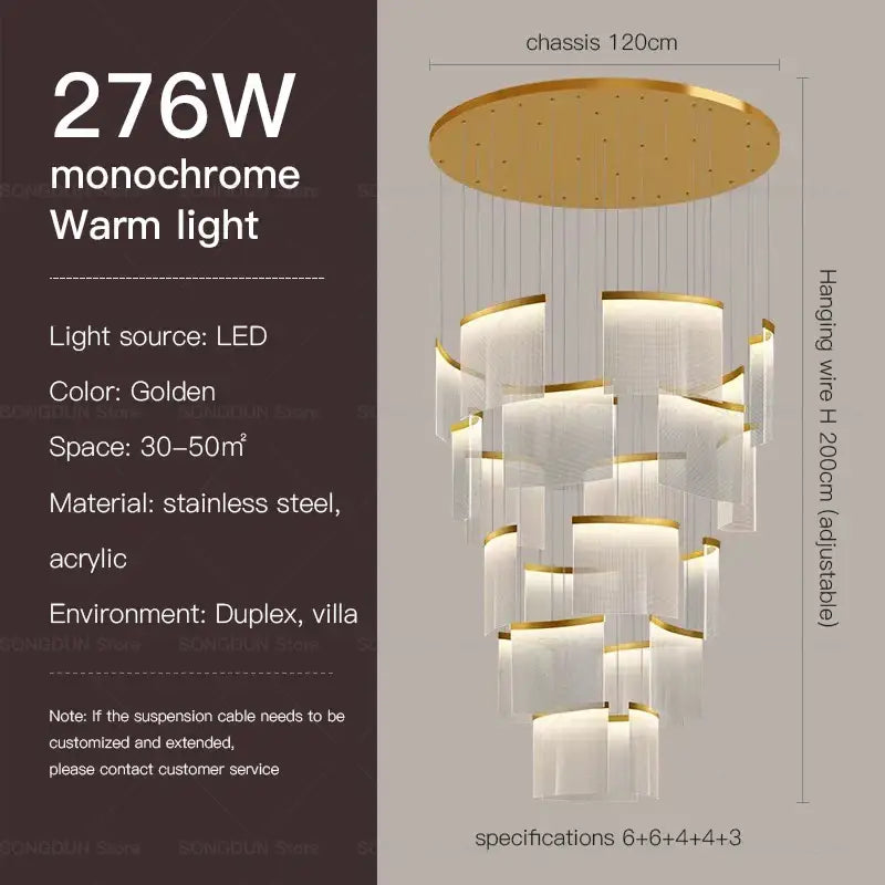 DecorBites™ golden acrylic chandelier with tiered shades and stainless steel accents featuring modern nordic style lighting