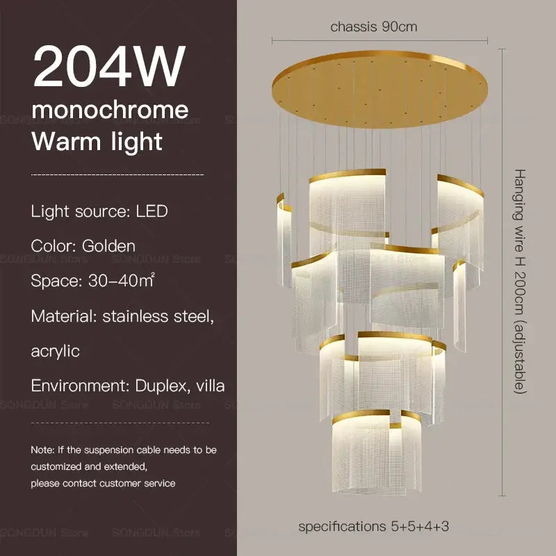 Golden tiered acrylic chandelier with modern nordic style design featuring stainless steel for luxury living room lighting