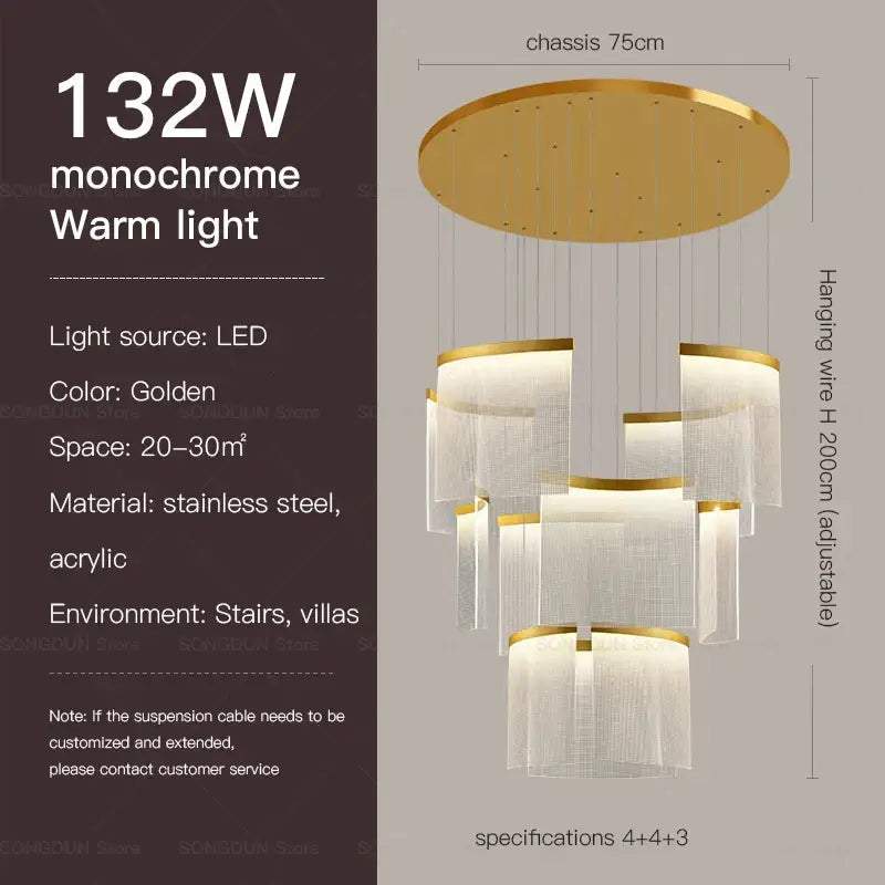 Golden modern nordic style acrylic chandelier with tiered acrylic shades and stainless steel accents for luxury spaces