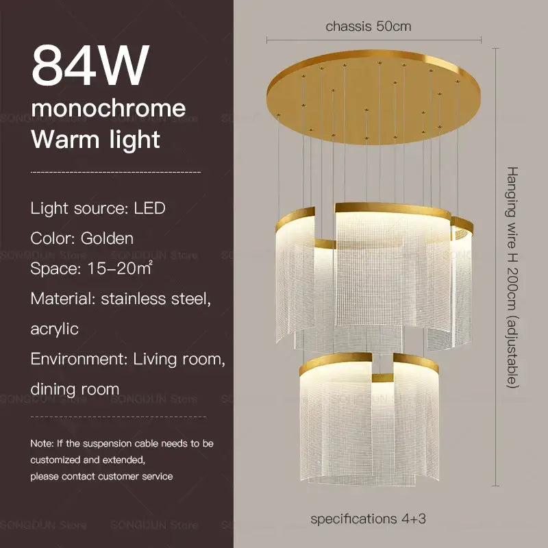 Golden decorbites™ acrylic chandelier with tiered acrylic shades and stainless steel accents for modern nordic style lighting