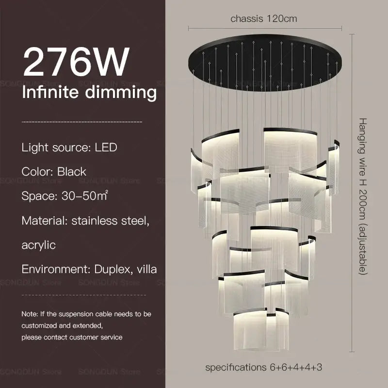 Black acrylic chandelier with layered translucent rings and stainless steel chassis in modern nordic style lighting design