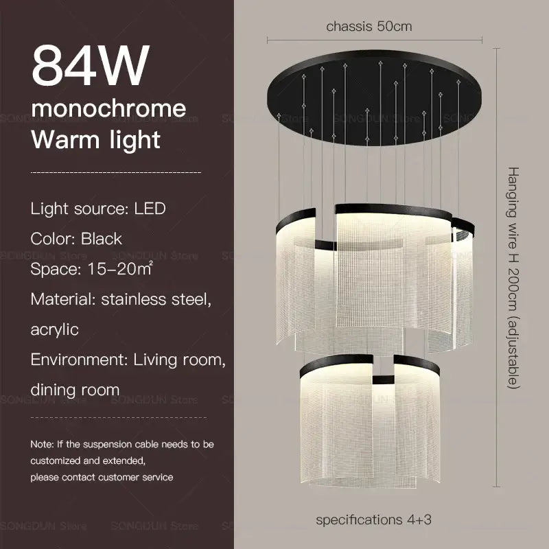 Black acrylic chandelier with three tiered shades suspended from stainless steel chassis for modern nordic style lighting