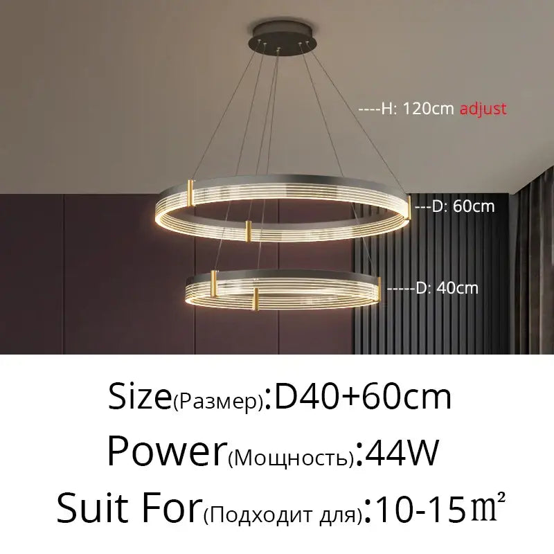Modern DecorBites™ acrylic circle chandelier pendant lights with sleek metallic rings and warm LED lighting for indoor use