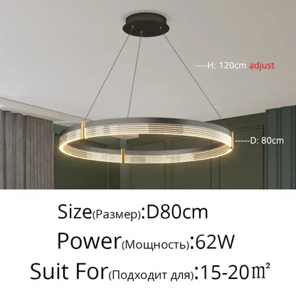 Modern DecorBites™ acrylic circle chandelier pendant light with sleek metallic ring and warm LED lighting for living room