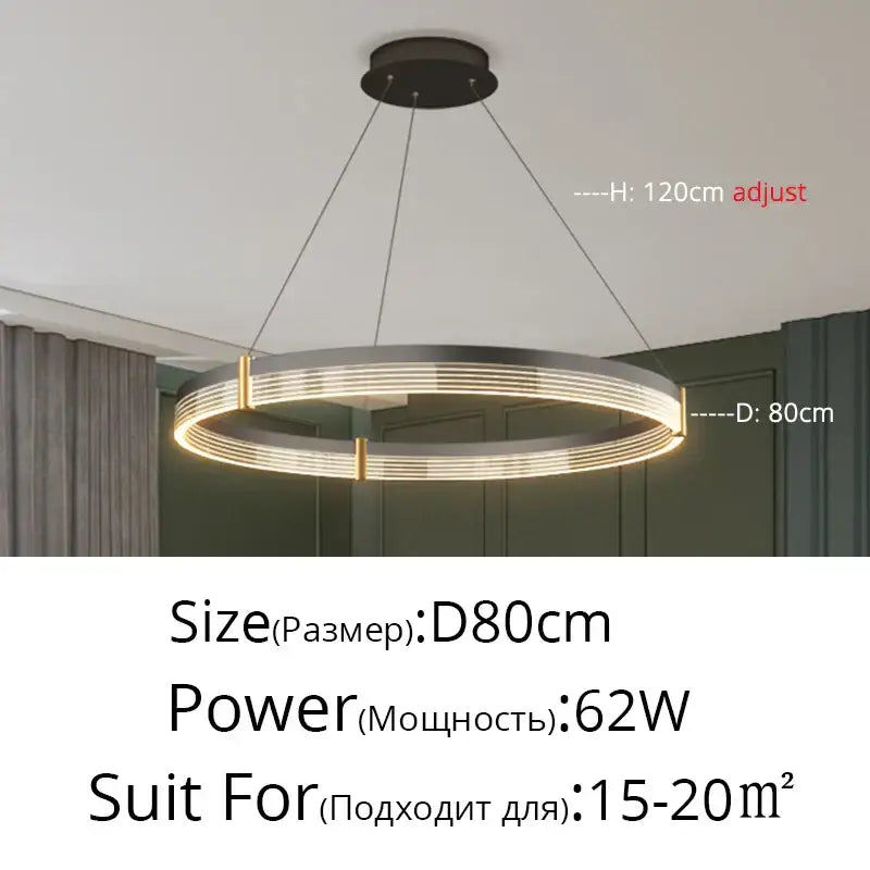 Modern DecorBites™ acrylic circle chandelier pendant light with sleek metallic ring and warm LED lighting for living room