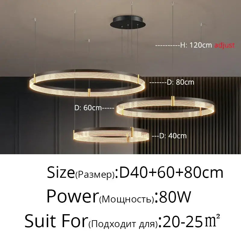 Modern minimalist black and gold DecorBites™ acrylic circle chandelier pendant lights with concentric rings for living room