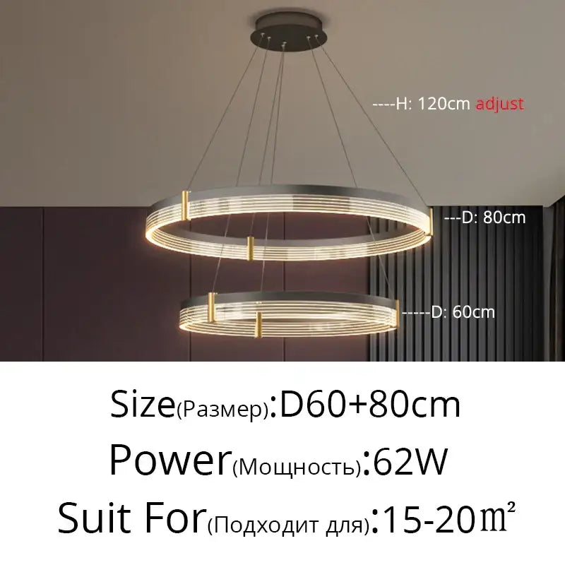 Modern decorbites™ acrylic circle chandelier pendant lights with sleek metallic rings and warm led illumination for living room