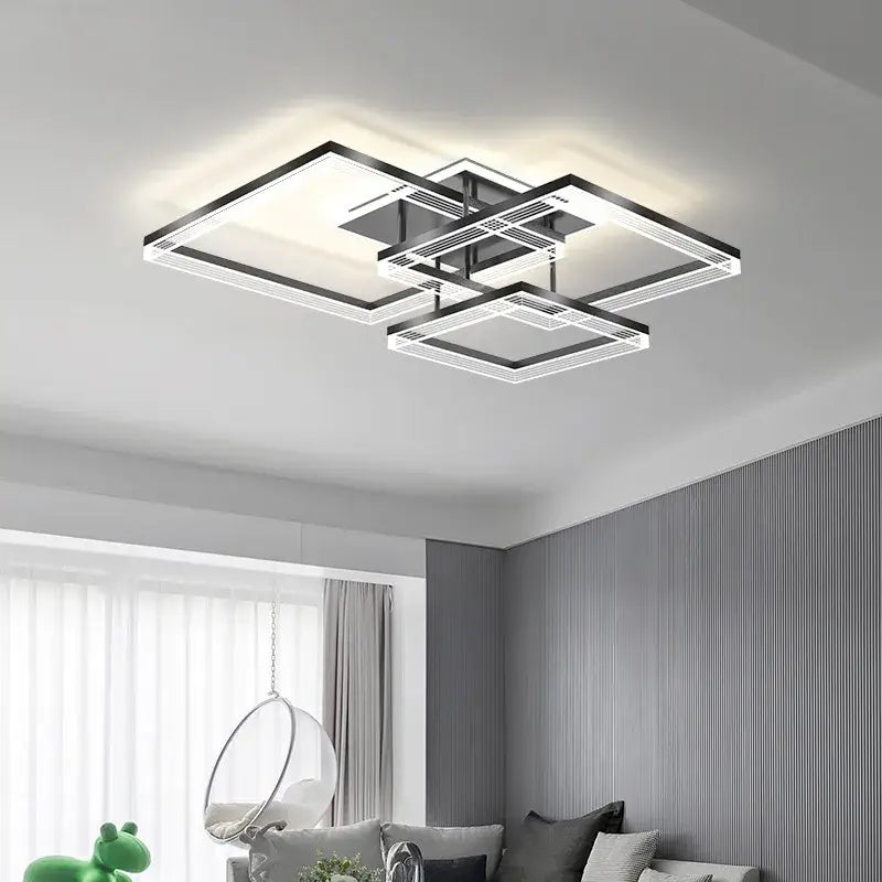 Modern black and white geometric acrylic circle chandelier pendant light with layered square frames for indoor decor