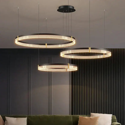 DecorBites acrylic circle chandelier pendant lights with warm led illumination and black gold metallic frame for living room