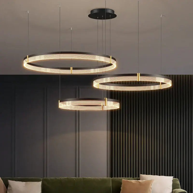 DecorBites acrylic circle chandelier pendant lights with warm led illumination and black gold metallic frame for living room