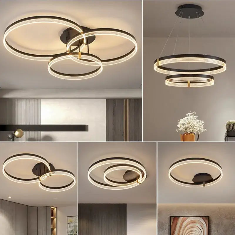 Modern black and gold acrylic circle chandelier pendant lights with glowing ring design for indoor living room decor