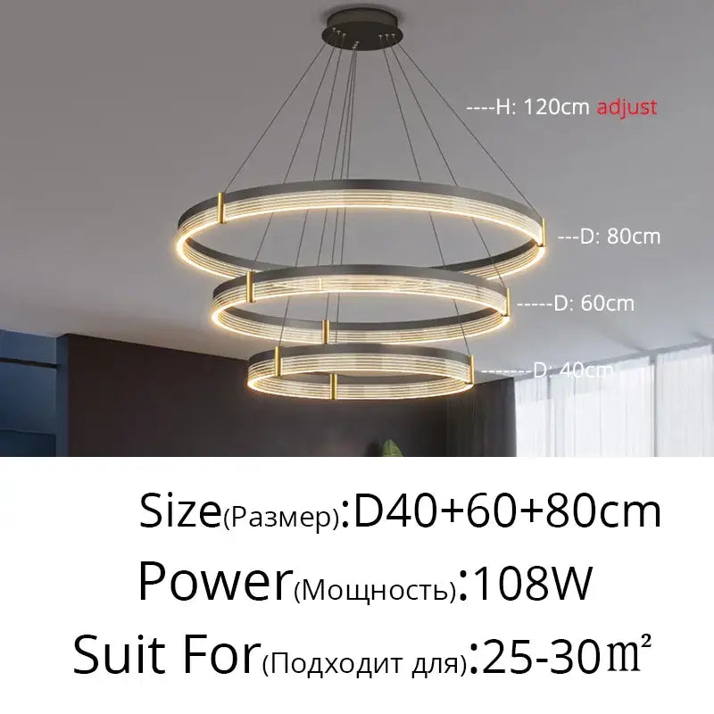 Decorbites™ acrylic circle chandelier pendant lights with modern tiered metallic rings and warm glowing led strips for living room