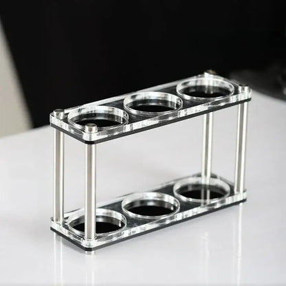 Clear acrylic wine glass holder with silver metal frame and six slots for decorbites acrylic coffee bar utensil rack powder press