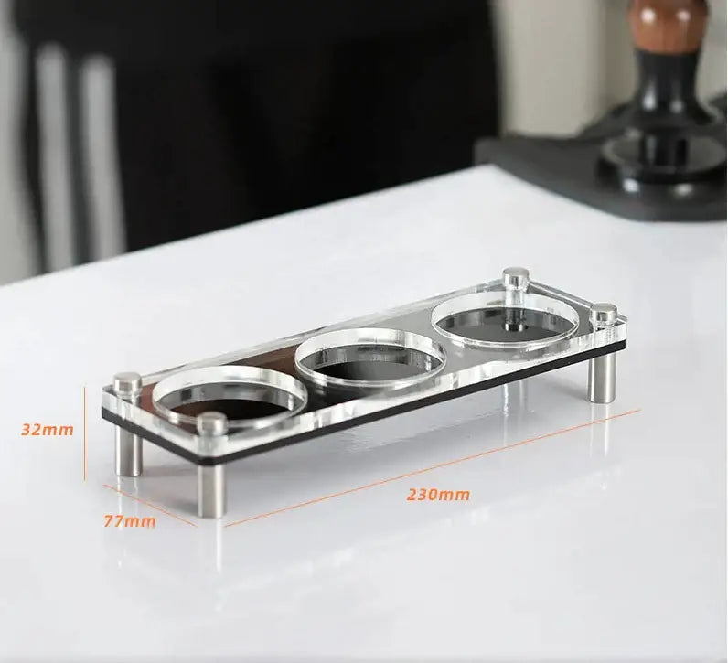 Decorbites acrylic coffee bar utensil rack with clear acrylic holder, three slots, and silver metal legs for powder press use