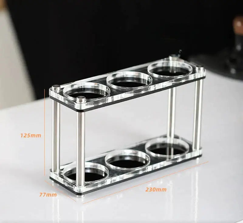 Decorbites acrylic coffee bar utensil rack with clear double-tiered acrylic dripper stand and polished silver rods
